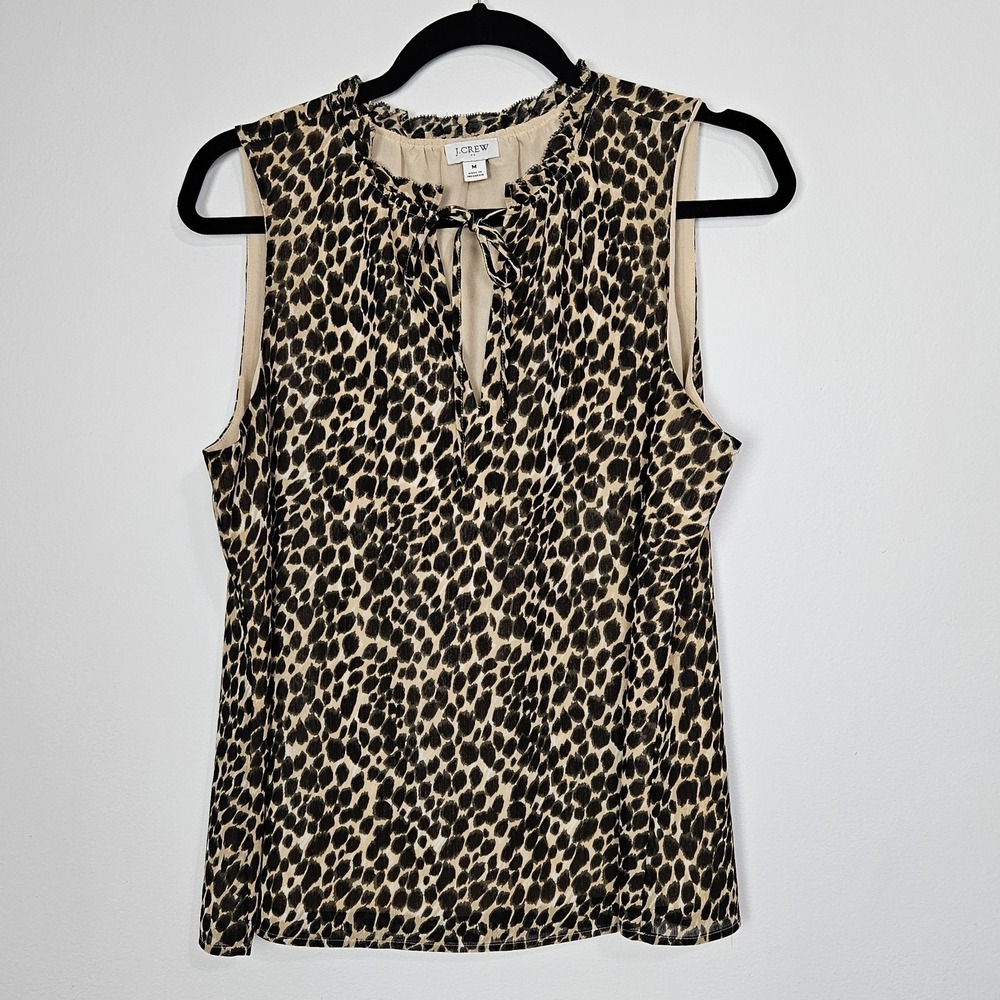 J Crew Blouse Womens Size M Sleeveless Animal Print Ruffle Tie Neck Lined